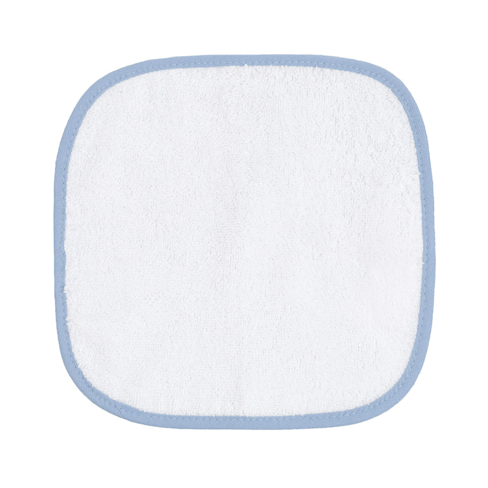Soft, absorbent baby washcloths, 100% cotton, blue trim, gentle on skin, Veluda.