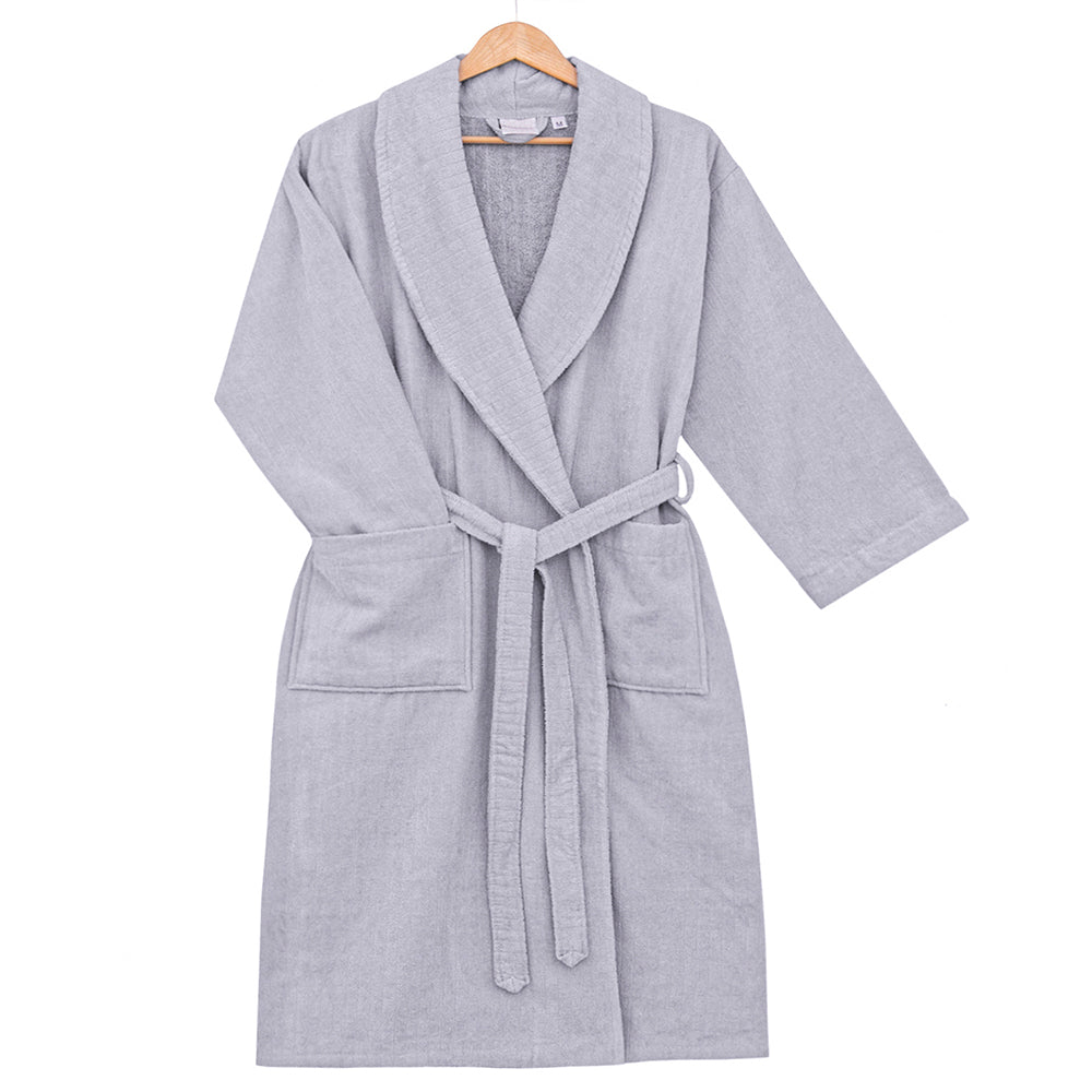 Gray striped spa robe by Veluda, crafted from pre-washed, pre-shrunk ribbed cotton for luxurious comfort. Features high absorption, soft velvet touch, and elegant style for ultimate relaxation.