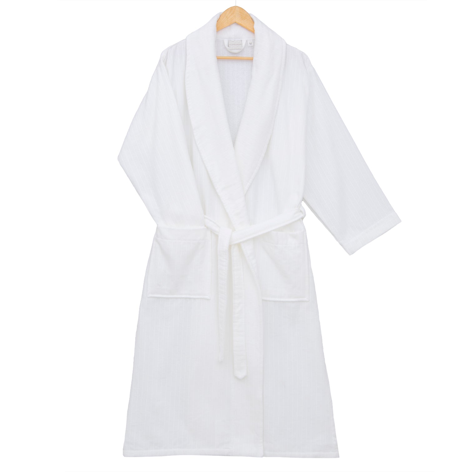 White striped spa robe by Veluda, crafted from pre-washed, pre-shrunk ribbed cotton for luxurious comfort. Features high absorption, soft velvet touch, and elegant style for ultimate relaxation.