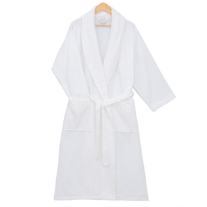 White striped spa robe by Veluda, crafted from pre-washed, pre-shrunk ribbed cotton for luxurious comfort. Features high absorption, soft velvet touch, and elegant style for ultimate relaxation.