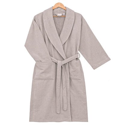 Beige striped spa robe by Veluda, crafted from pre-washed, pre-shrunk ribbed cotton for luxurious comfort. Features high absorption, soft velvet touch, and elegant style for ultimate relaxation.