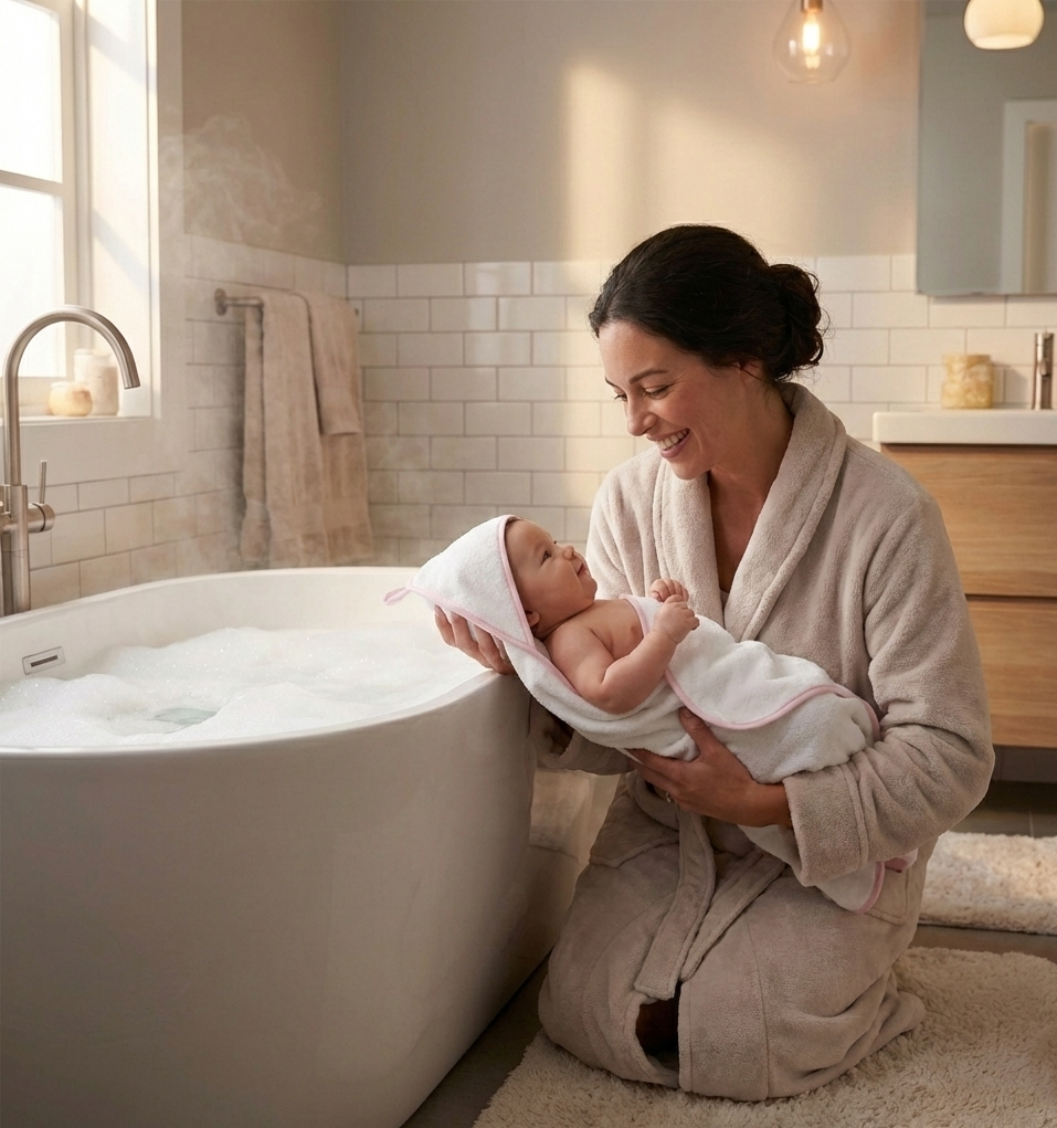 Hooded Baby Towel & Washcloth Matching Gentle Brazilian Cotton for Sensitive Skin by Veluda